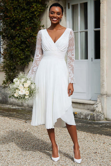 Long Sleeve A Line Lace Pleated Ivory Engagement Dress